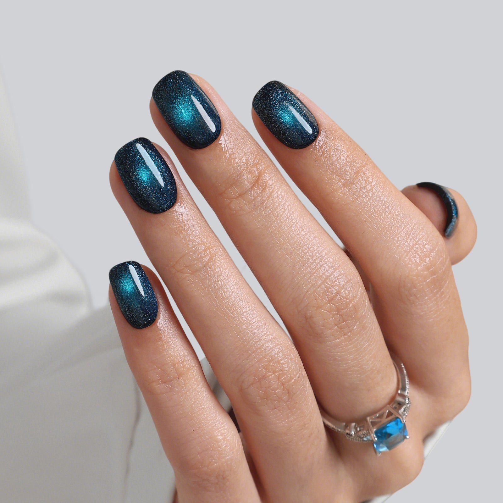 Cat Eye Peacock Blue Short Square Soft Gel Press on Nails product image 3 | SHANGMENG®