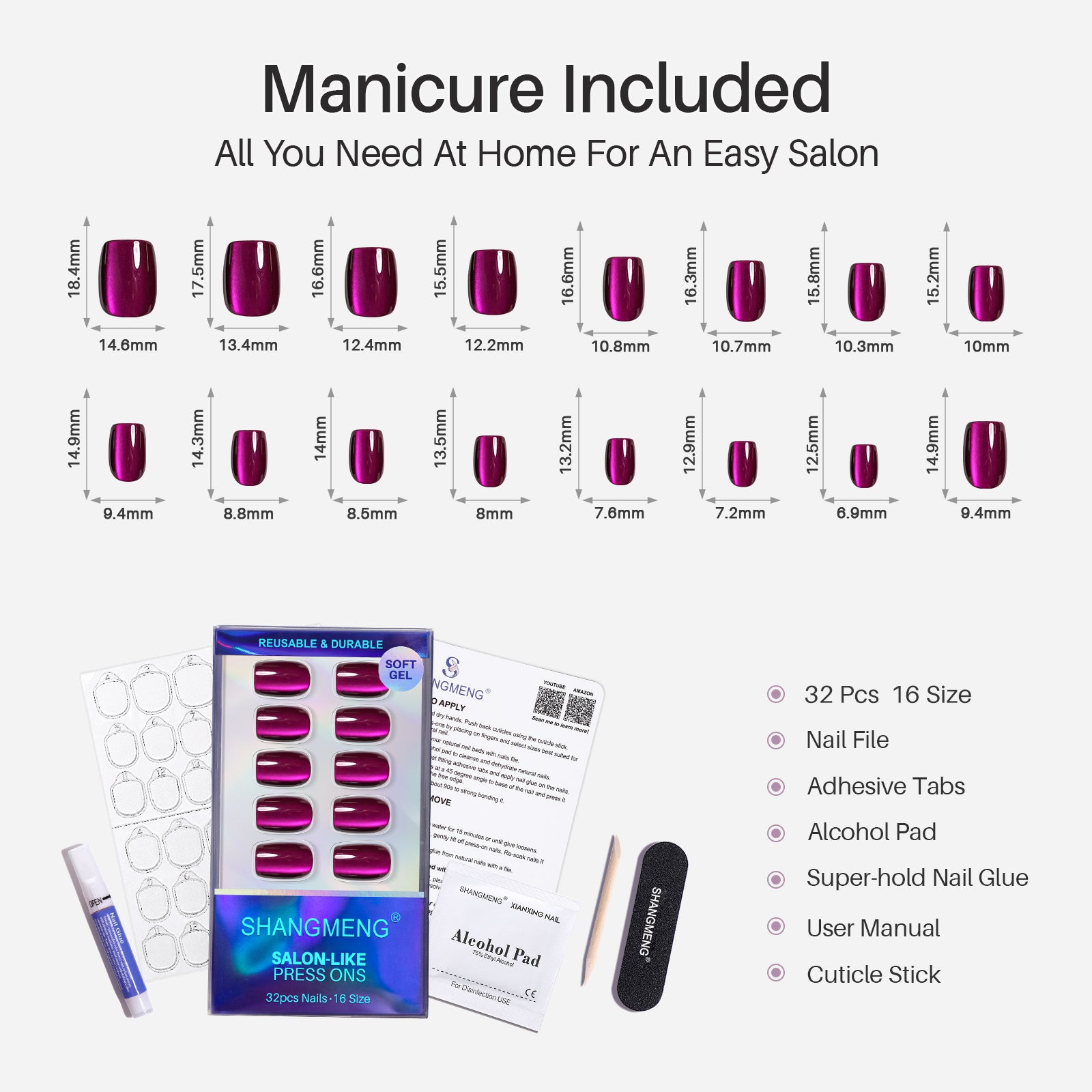 Cat Eye Purple Short Square Soft Gel Press on Nails 16 sizes size chart SHANGMENG®