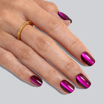 Cat eye purple short square soft gel press-on nails angled close-up on hand | SHANGMENG®