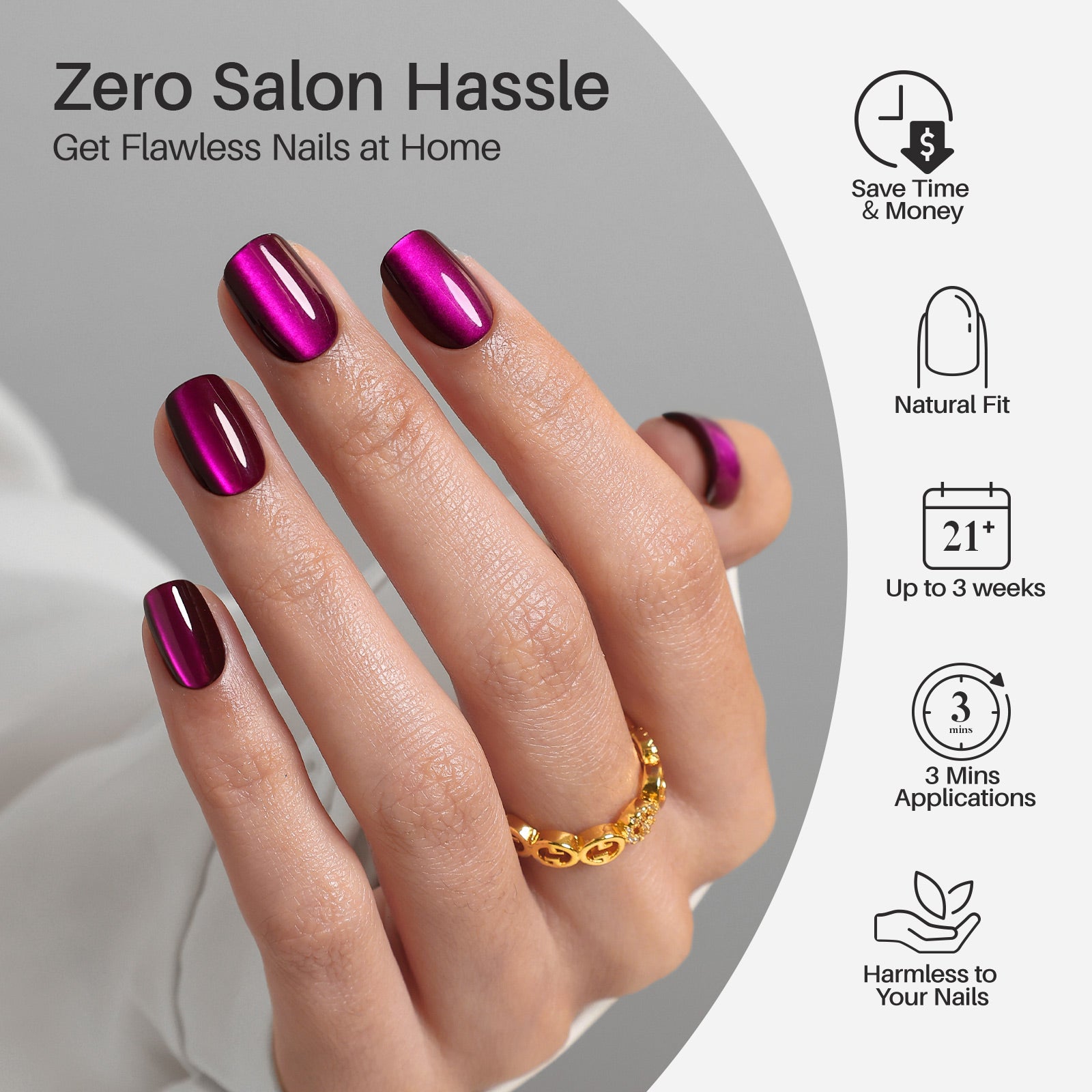 SHANGMENG® Cat Eye Purple Short Square Soft Gel Press on Nails feature 