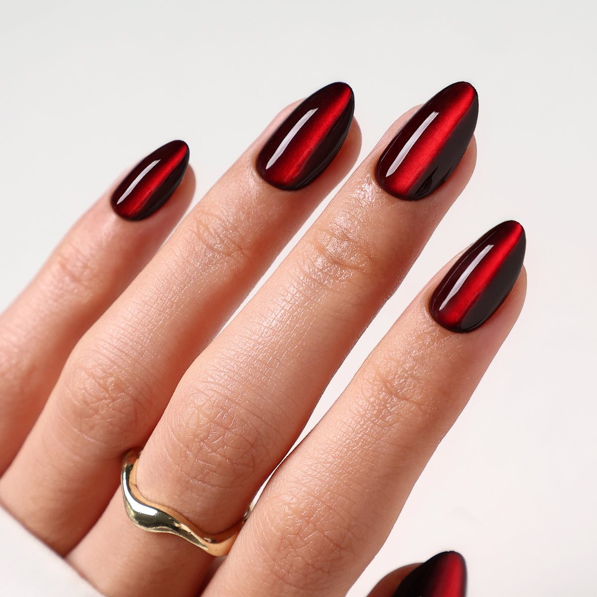 Ruby Heart unhas press-on amendoadas cat eye: vista alternativa em leque, cat eye rubi | SHANGMENG®