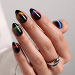 Aurora Muse Five-Shade Cat Eye Short Almond Press-On Nails angled hand five-shade view | SHANGMENG®
