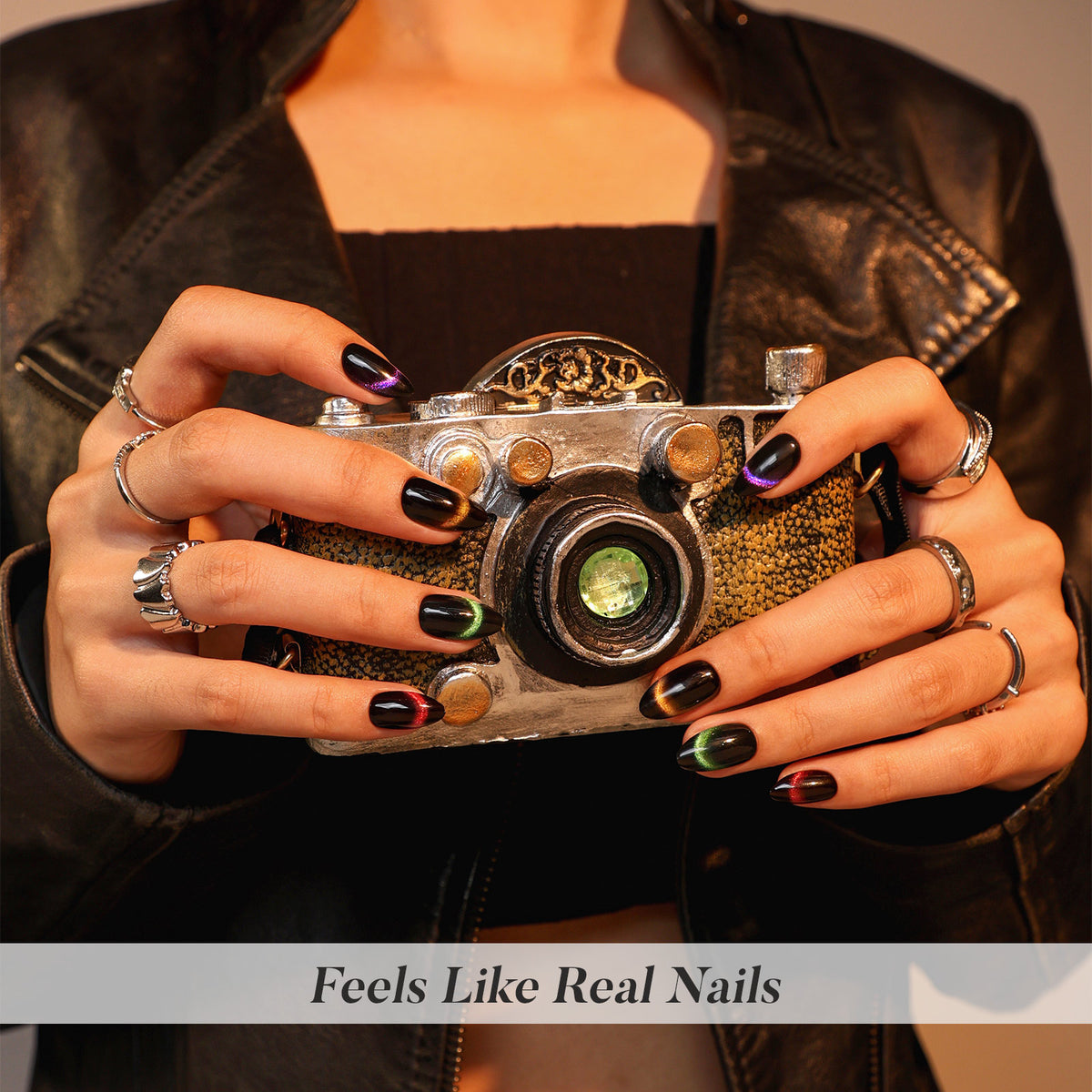 Aurora Muse Five-Shade Cat Eye Short Almond Press-On Nails hands holding a vintage camera lifestyle scene | SHANGMENG®