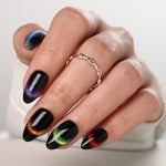Aurora Muse Five-Shade Cat Eye Short Almond Press-On Nails curled hand view | SHANGMENG®