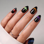 Aurora Muse Five-Shade Cat Eye Short Almond Press-On Nails extended hand top view | SHANGMENG®