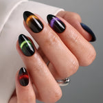 Aurora Muse Five-Shade Cat Eye Short Almond Press-On Nails five-shade angled hand close-up | SHANGMENG®
