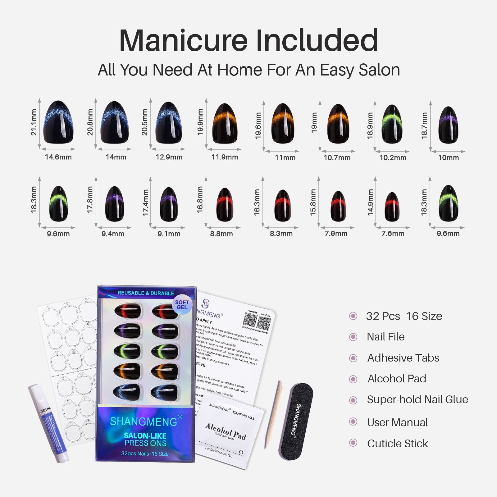 Aurora Muse Five-Shade Cat Eye Short Almond Press-On Nails 16 size options and manicure kit | SHANGMENG®
