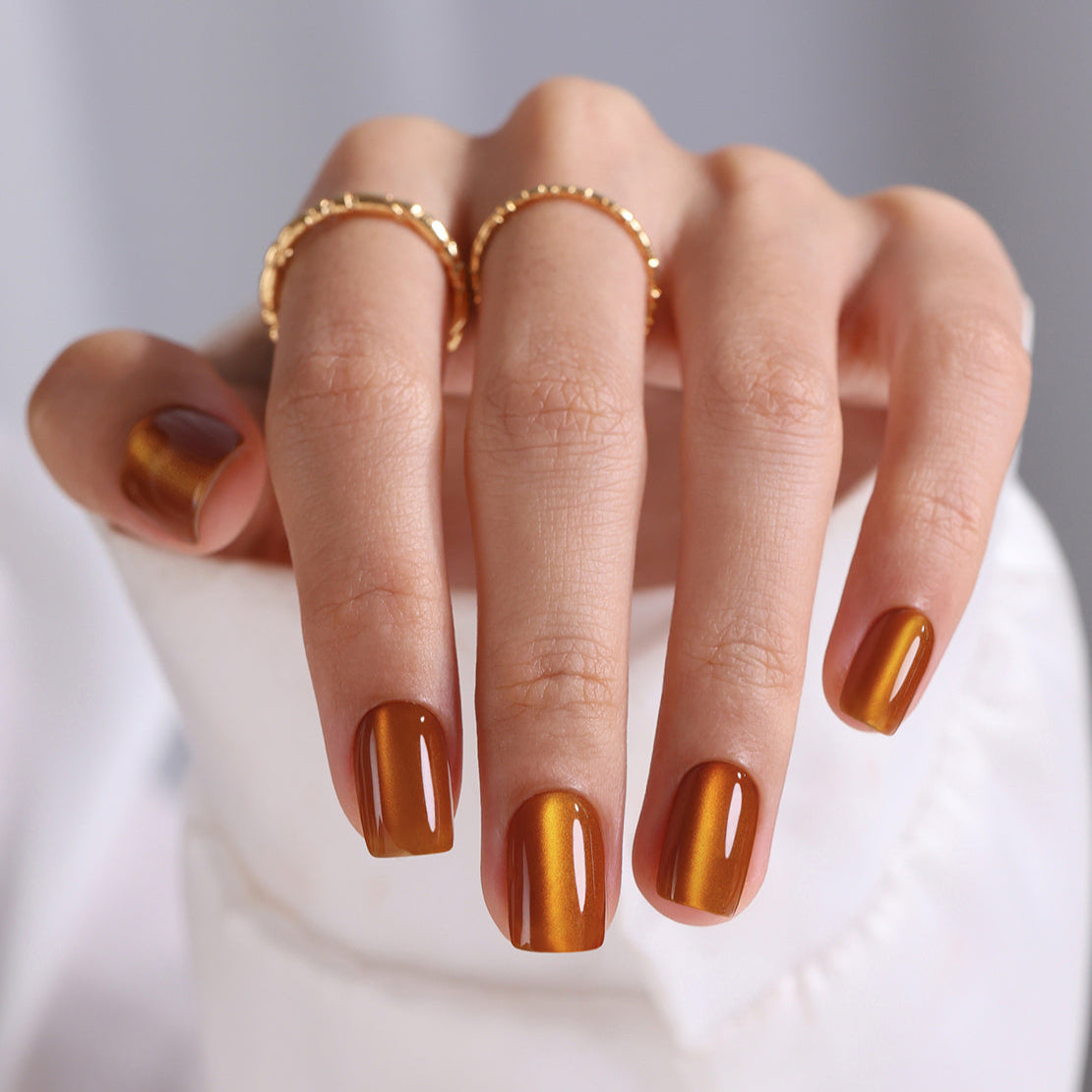 Burnt Orange Cat Eye Short Square Nails