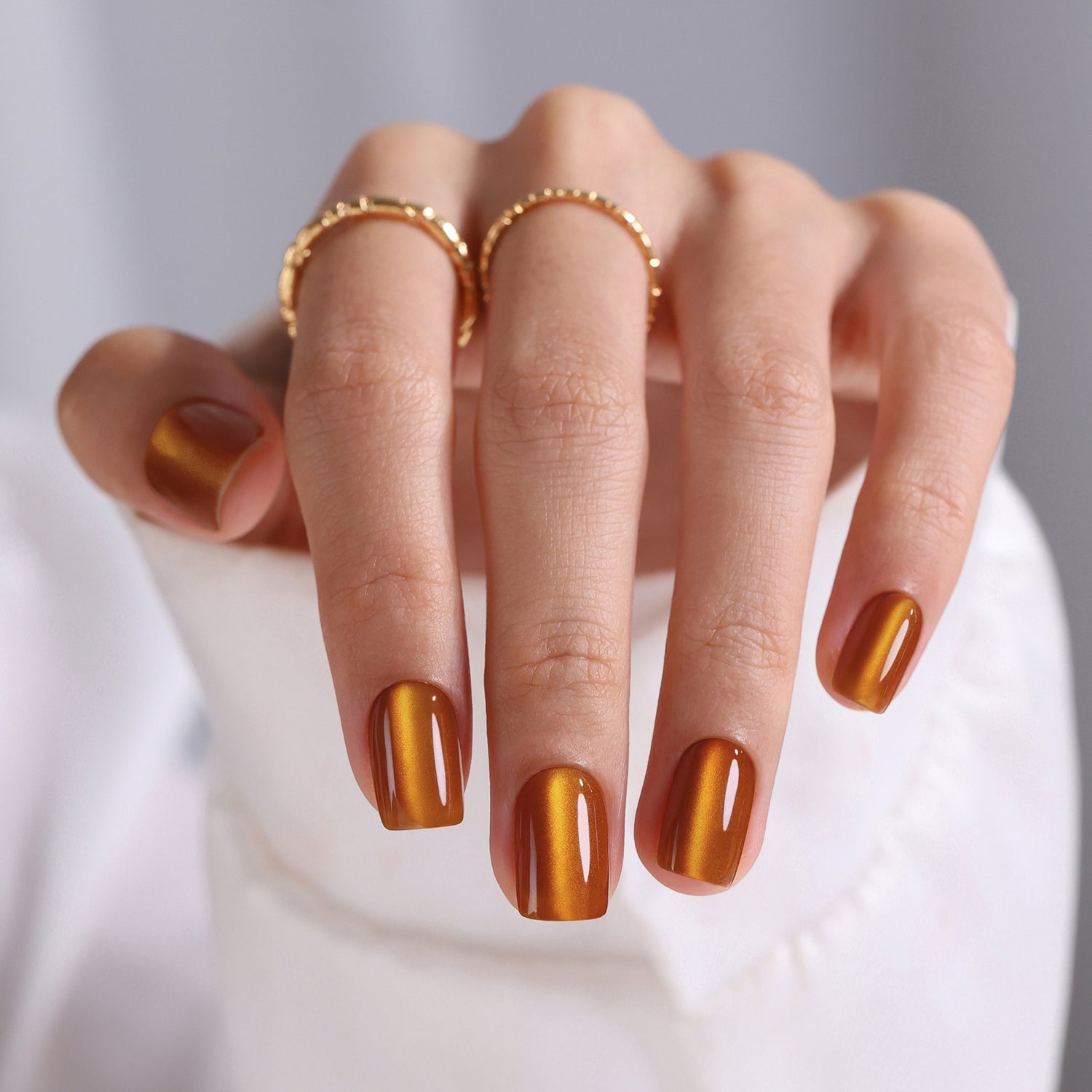 Burnt Orange Cat Eye Short Square Nails
