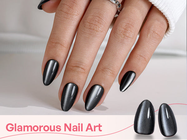 Galaxy-Like Black Cat Eye Almond Nails detail image 1