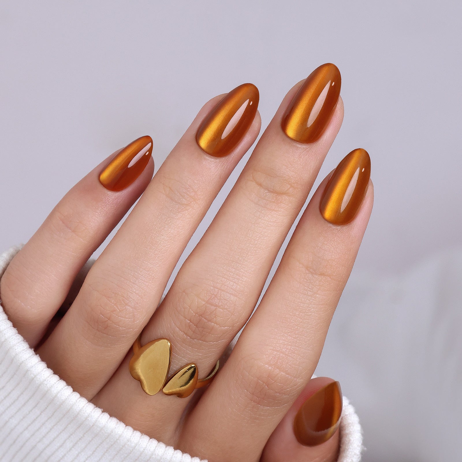 SHANGMENG® Burnt Orange Cat Eye Short Almond Press On Nails | Soft