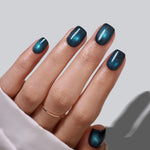 Cat Eye Peacock Blue Short Square Soft Gel Press on Nails product image 1 | SHANGMENG®