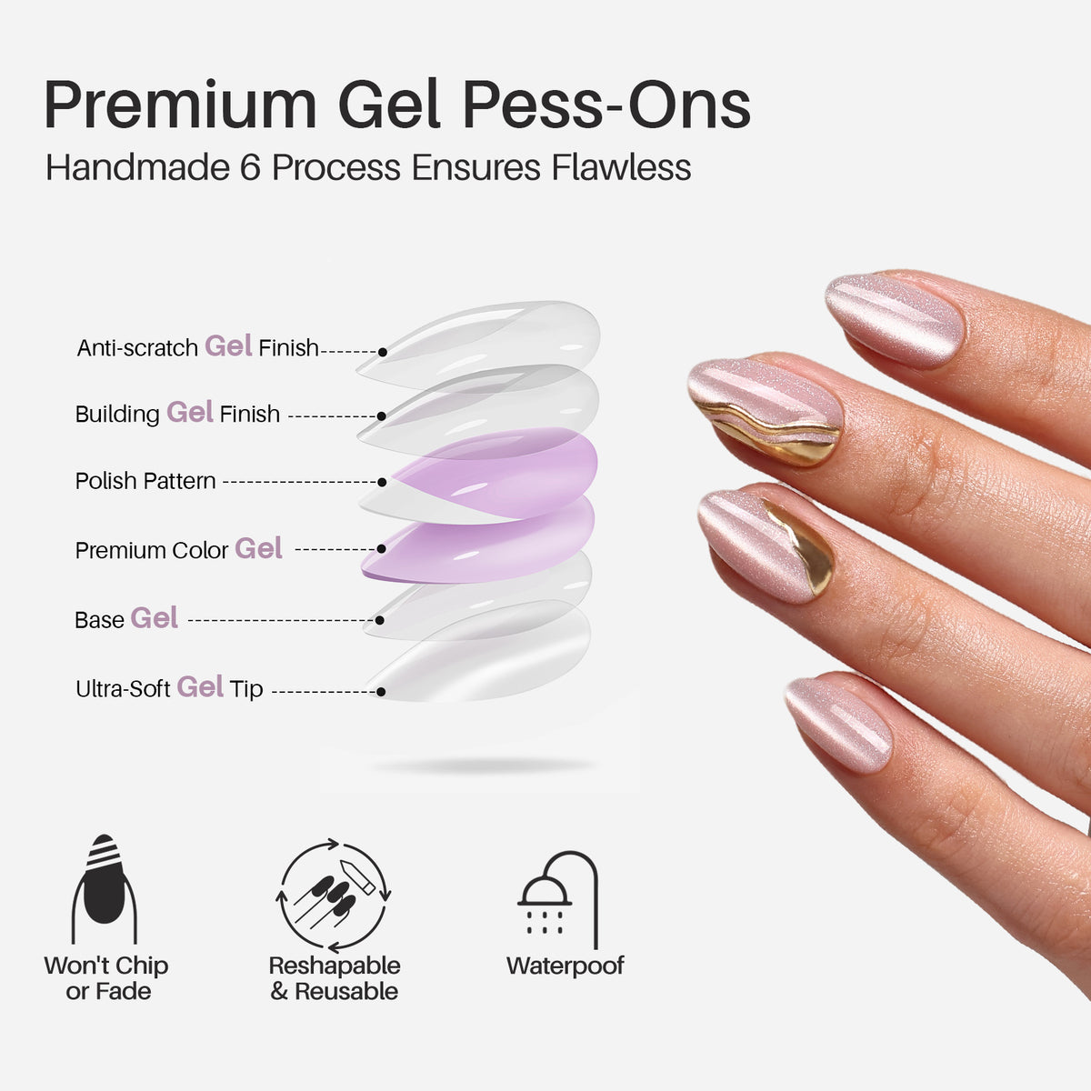 Champagne Muse Cat Eye 3D Short Almond Press-On Nails UV cure soft gel process | SHANGMENG®