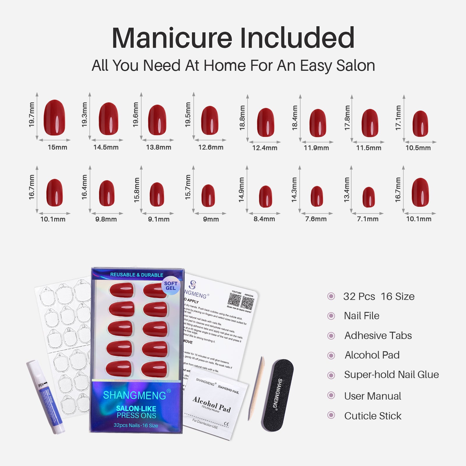 Uñas ovaladas cortas navideñas rojo cereza oscuro: tabla de medidas en mm, 16 tallas | SHANGMENG®