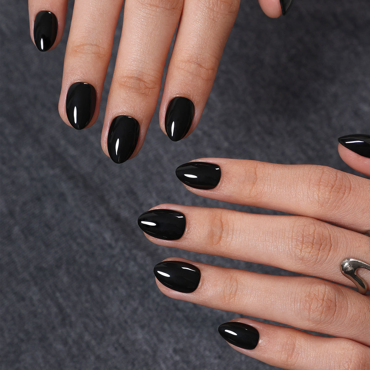 Chic Black High Gloss — Extra Short Almond two-hand view of glossy black extra short almond nails | SHANGMENG®