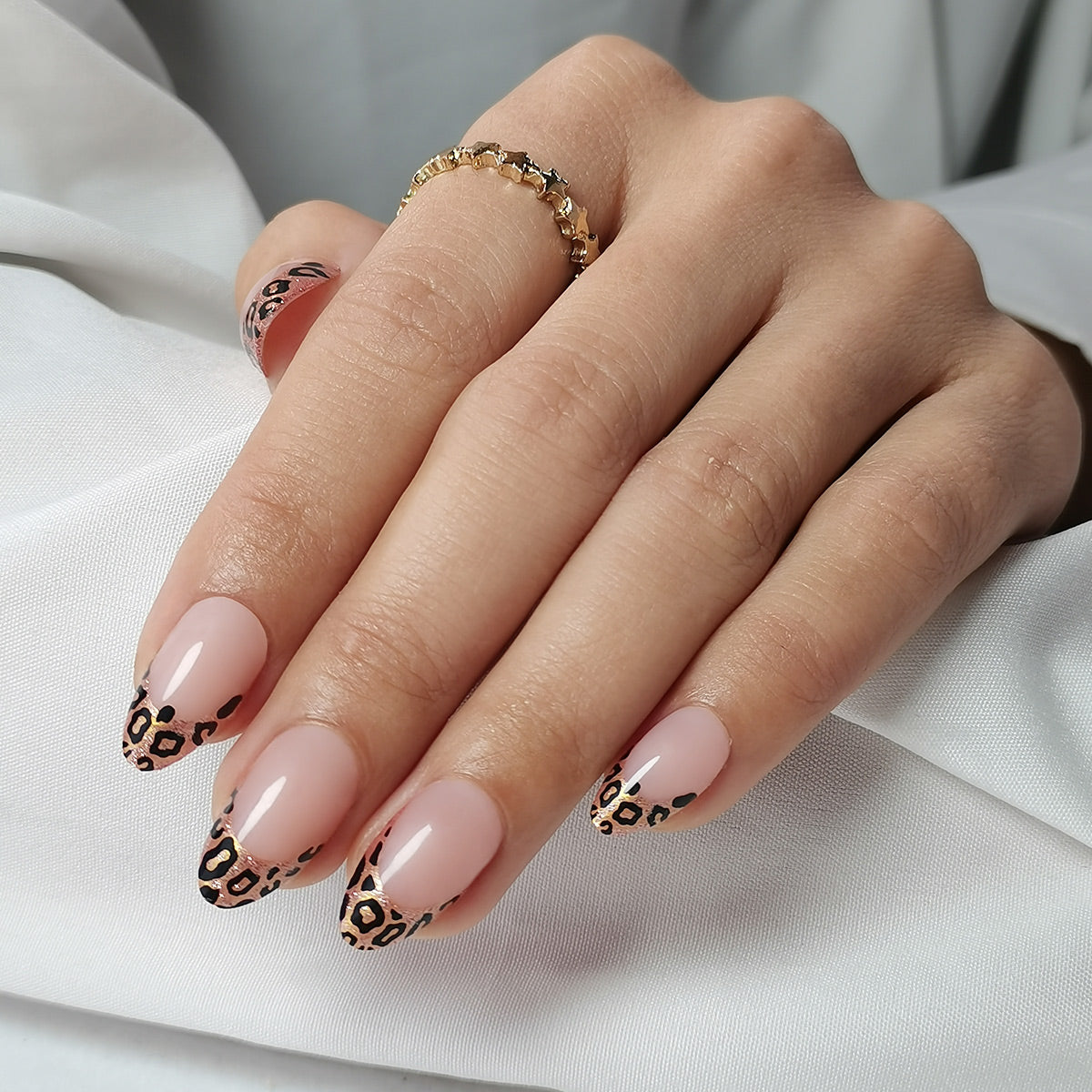 Leopard Print French Tips Almond Nails