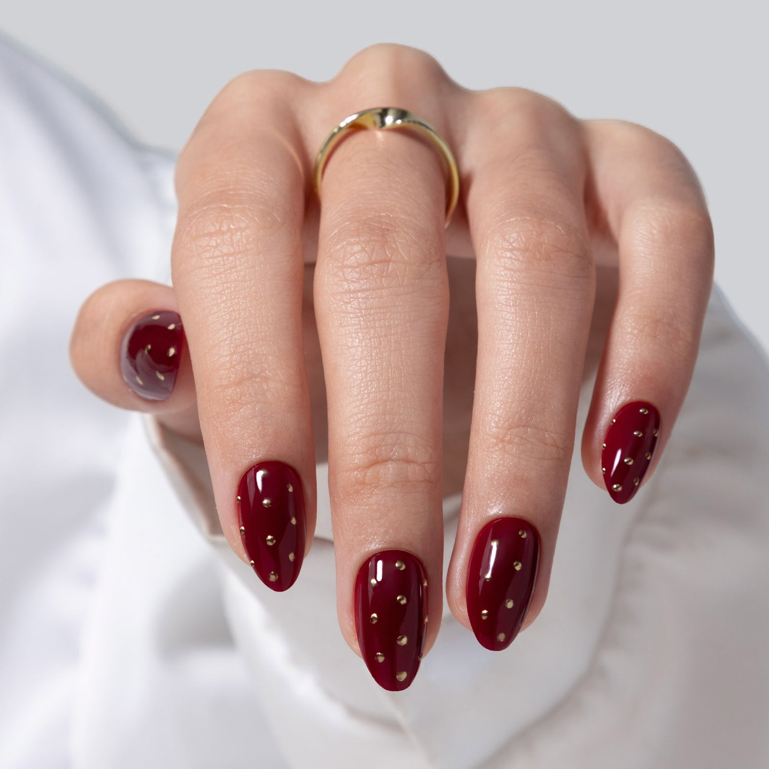 Cherry Dark Red and Gold Polka Dots Press on Nails