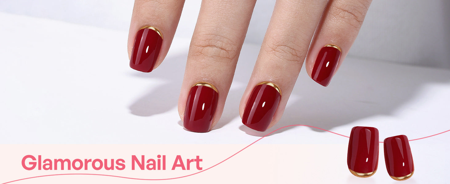 Dark Red 3d Gold End Short Square Nails detail image 1