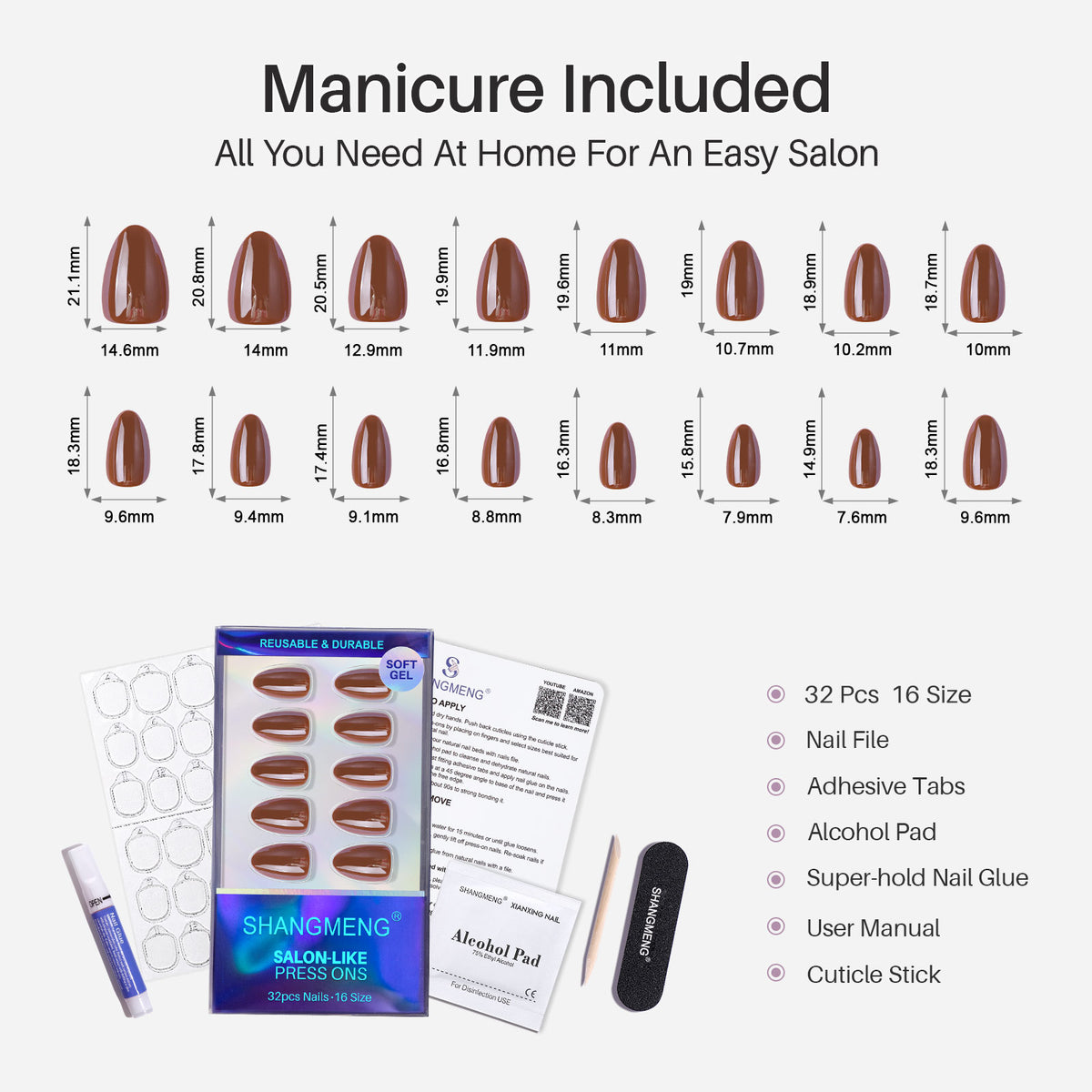 Chrome Chocolate Brown Almond Press on Nails 16 size options mm measurement chart | SHANGMENG®