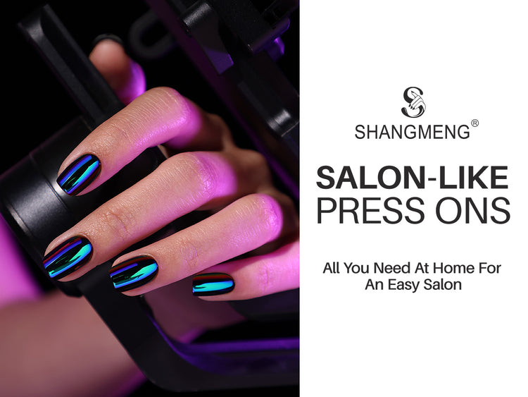Chrome Purple Green Short Square Soft Gel Press on Nails detail image 1