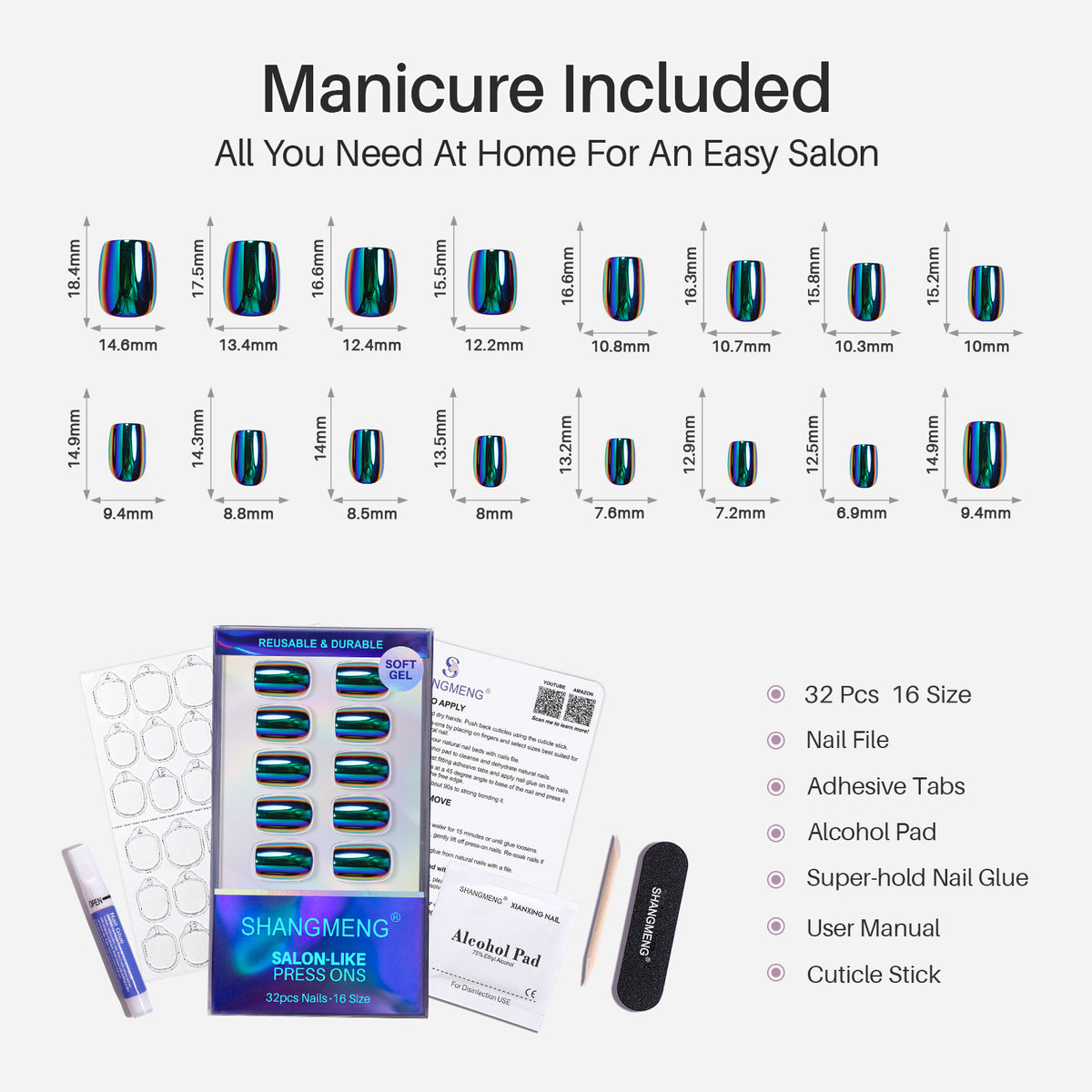 Chrome Purple Green Short Square Soft Gel Press on Nails 16 size options mm measurement chart | SHANGMENG®