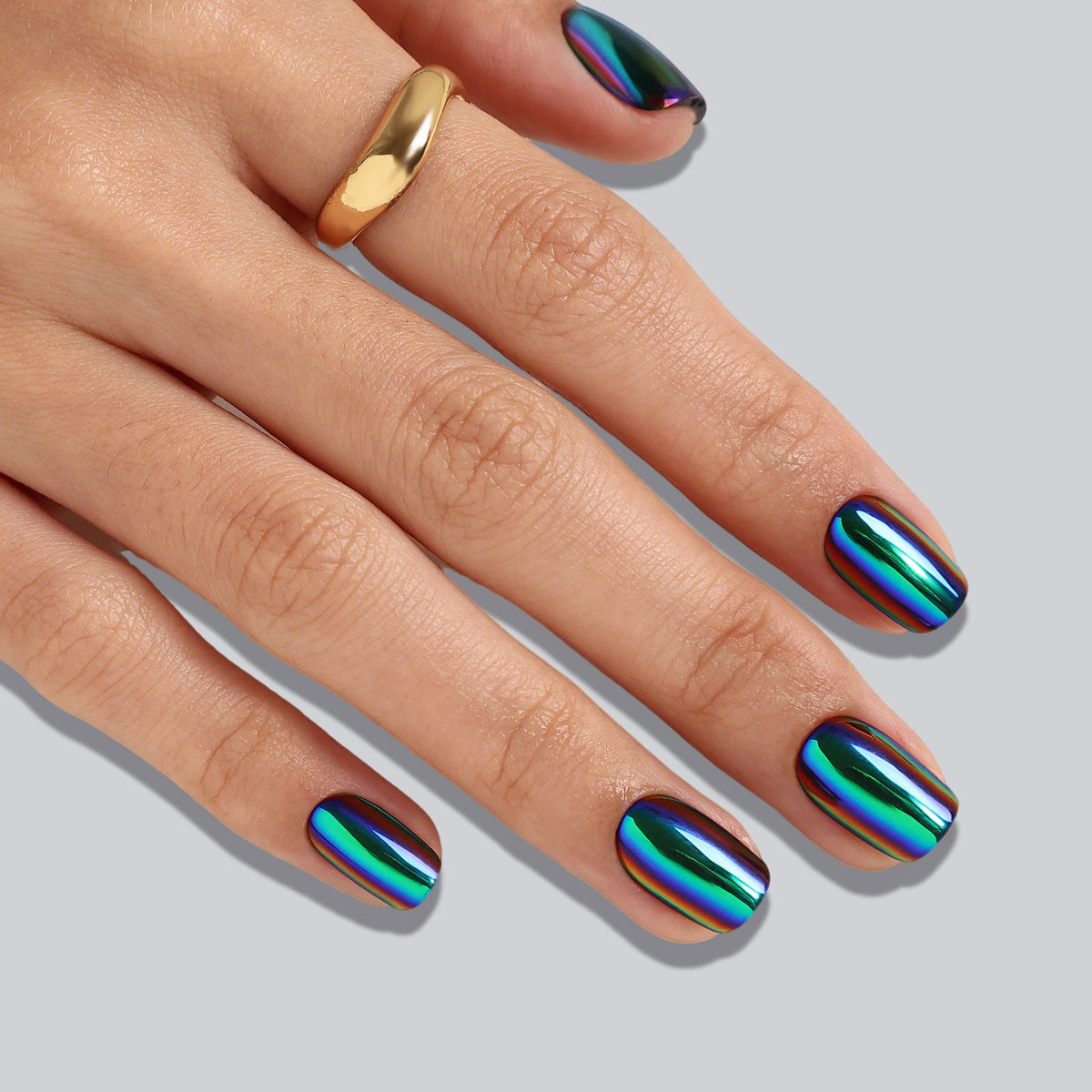 Chrome Purple Green Short Square Soft Gel Press on Nails product image 4 | SHANGMENG®