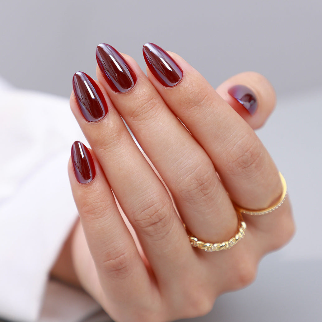 Glazed Chrome Red Almond Press-on Nails