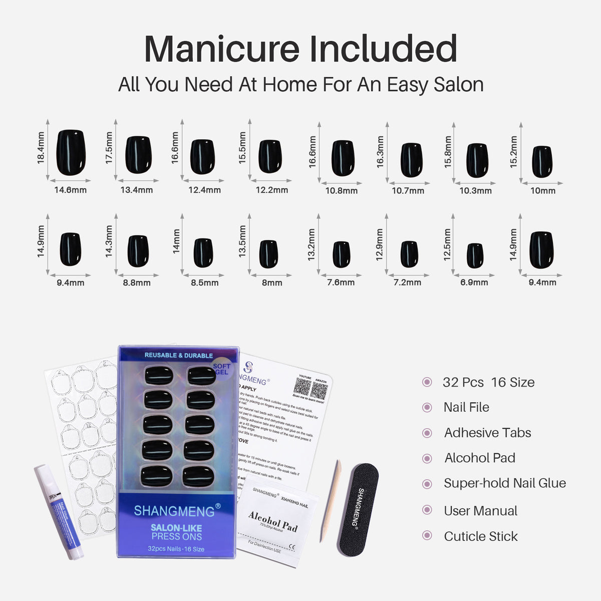 Classic Black Gel Press on Nails 16 size options mm measurement chart | SHANGMENG®