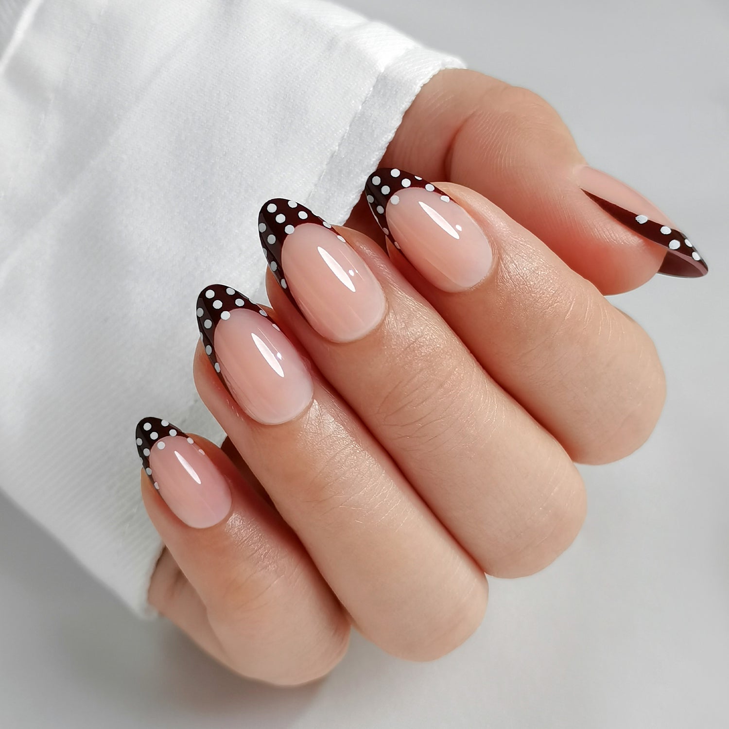 Polka Dot Dark Red French Tips Almond Nails