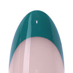 Dark Cyan French Tip Short Almond Press on Nails single nail finish closeup | SHANGMENG®