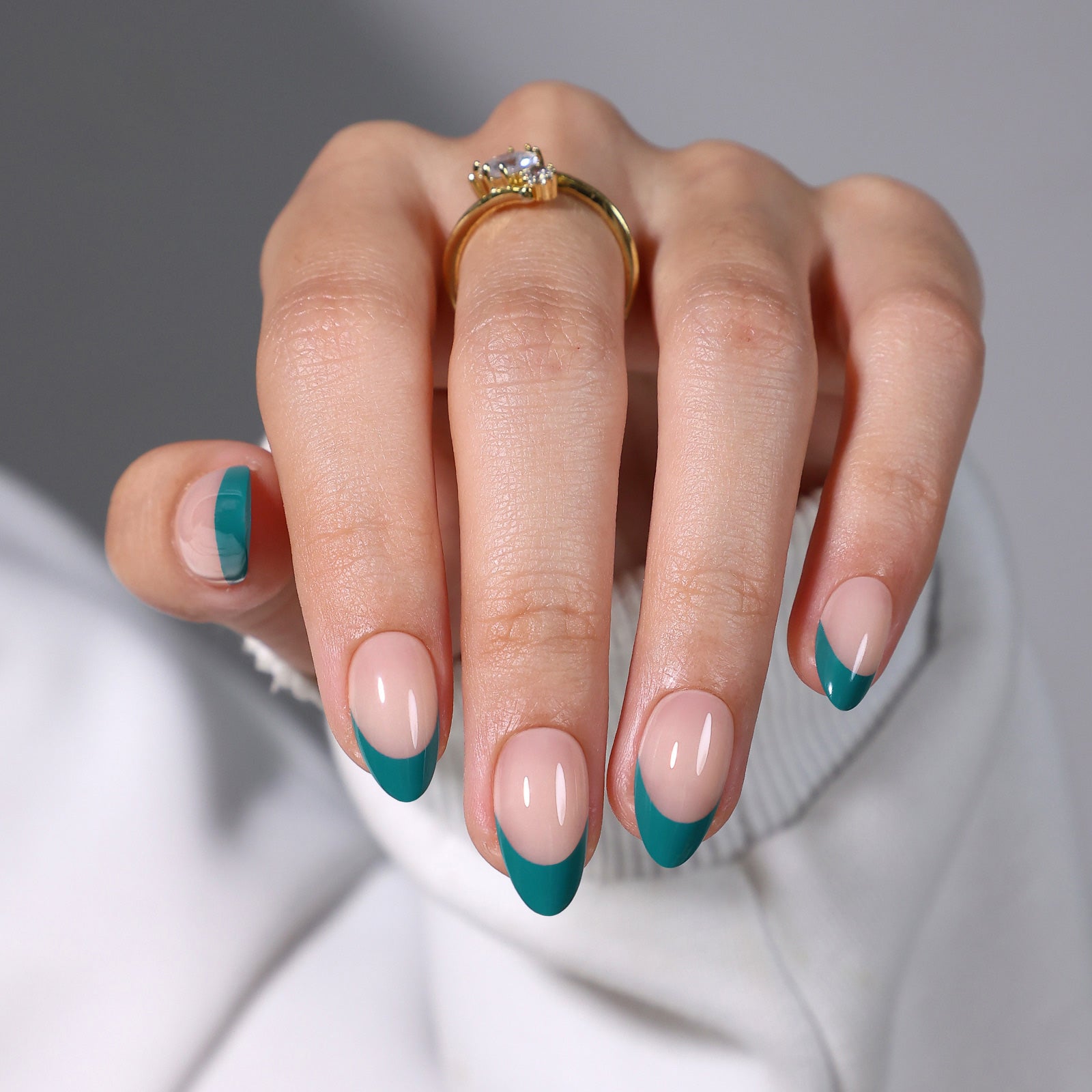 Dark Cyan French Tip Short Almond Press on Nails angled view with ring dark cyan finish detail | SHANGMENG®