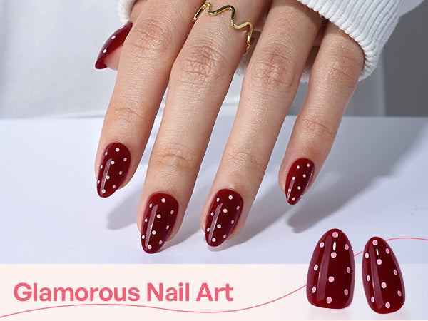 Dark Red Polka Dots Almond Gel Nails detail image 1