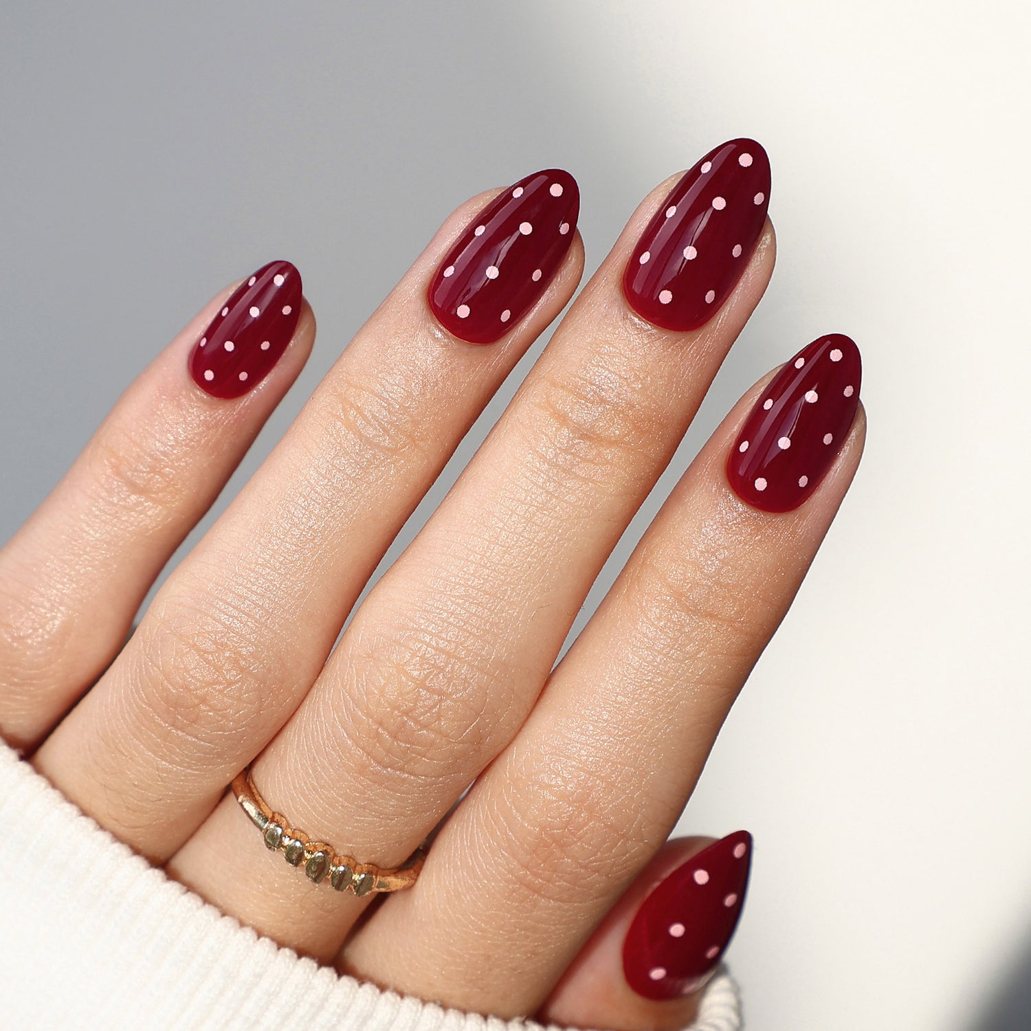 Dark Red Polka Dots Almond Gel Nails