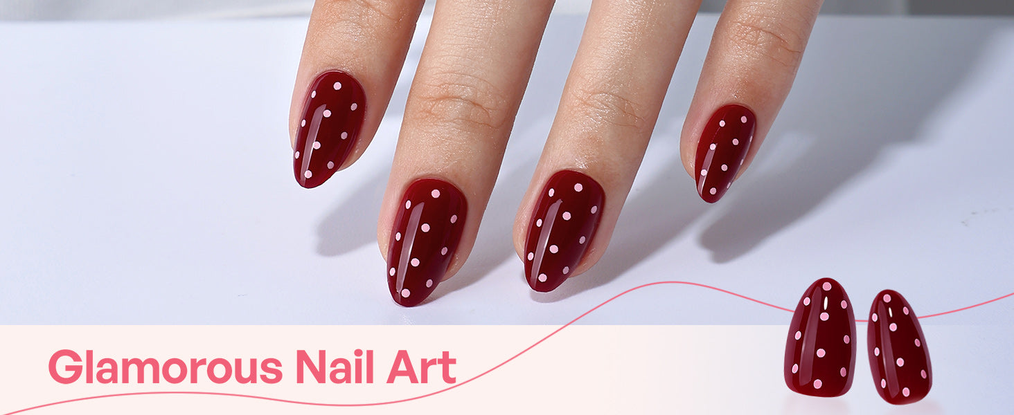 Dark Red Polka Dots Almond Gel Nails detail image 1