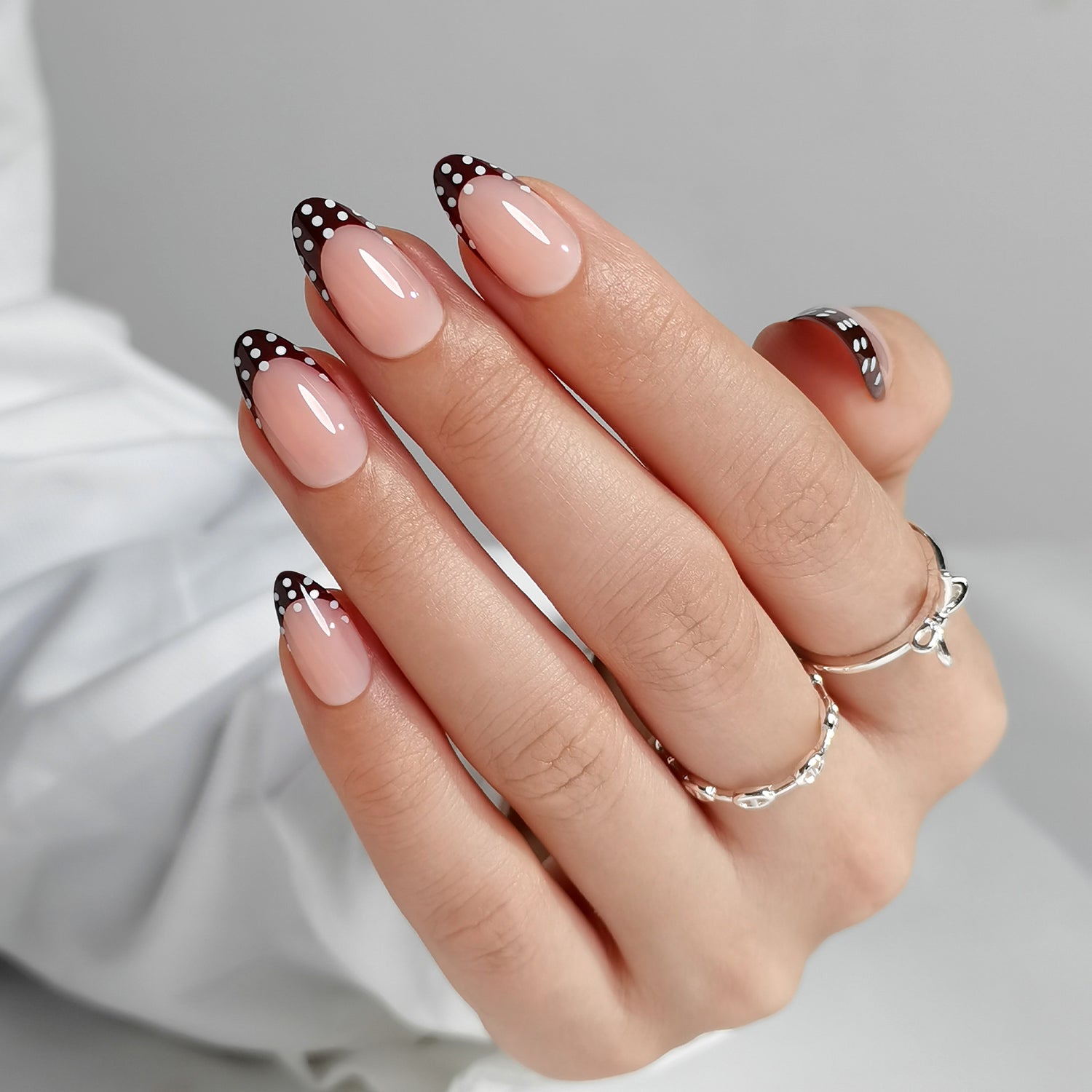 Polka Dot Dark Red French Tips Almond Nails