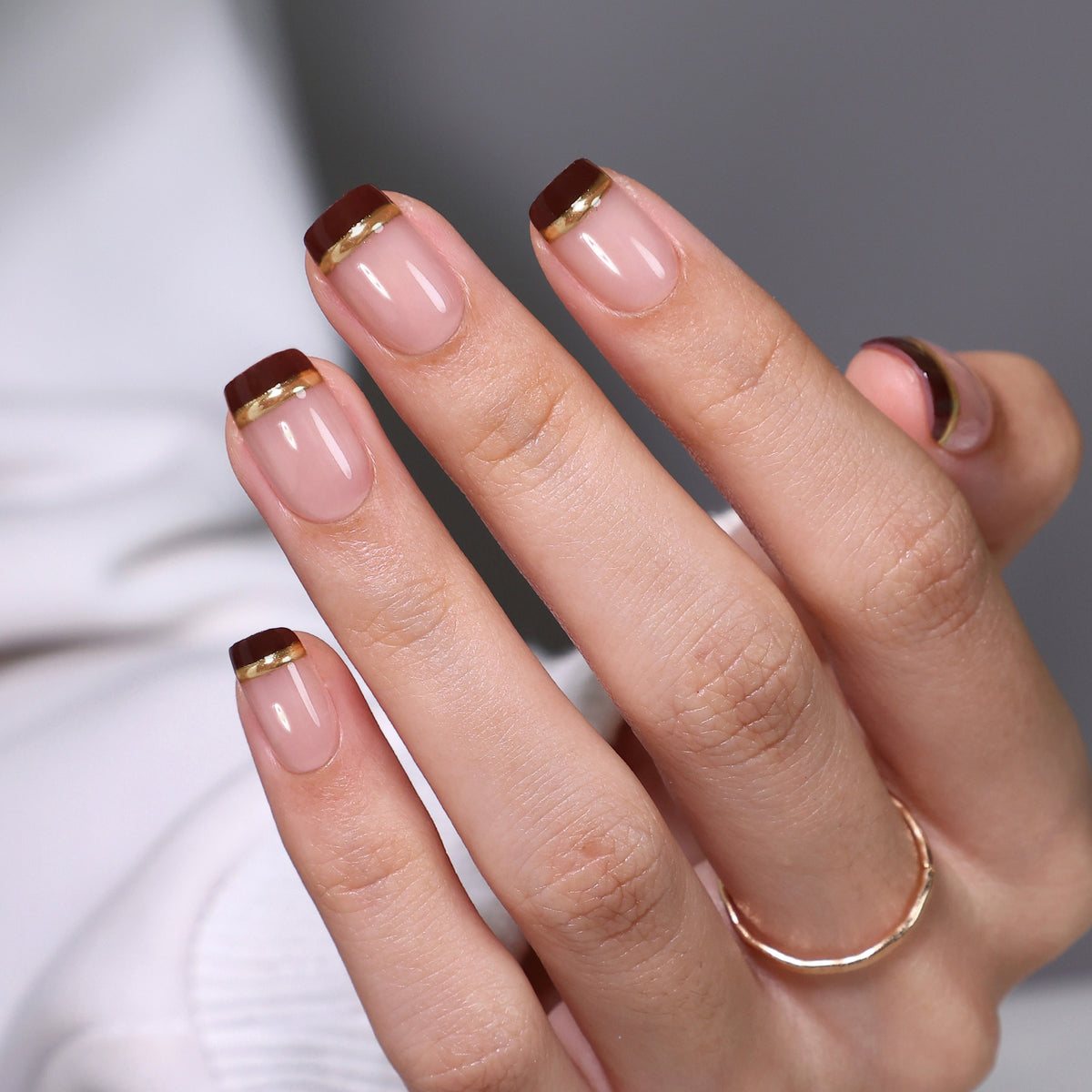 Espresso Gold-Line French Tips — Short Square gold line detail on hand | SHANGMENG®