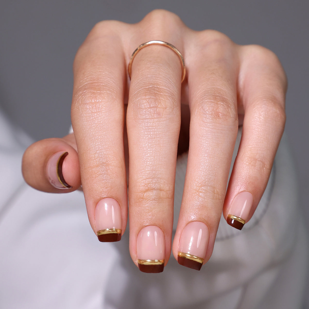 Espresso Gold-Line French Tips — Short Square main hand model view | SHANGMENG®