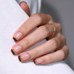 Espresso Gold-Line French Tips — Short Square hand model view with white sleeve | SHANGMENG®