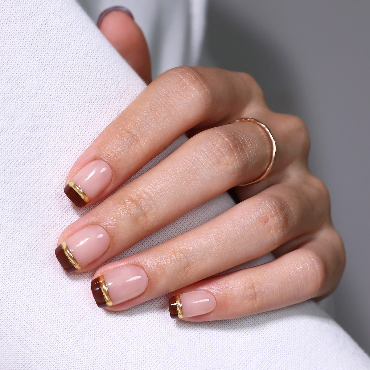 Espresso Gold-Line French Tips — Short Square hand model view with white sleeve | SHANGMENG®