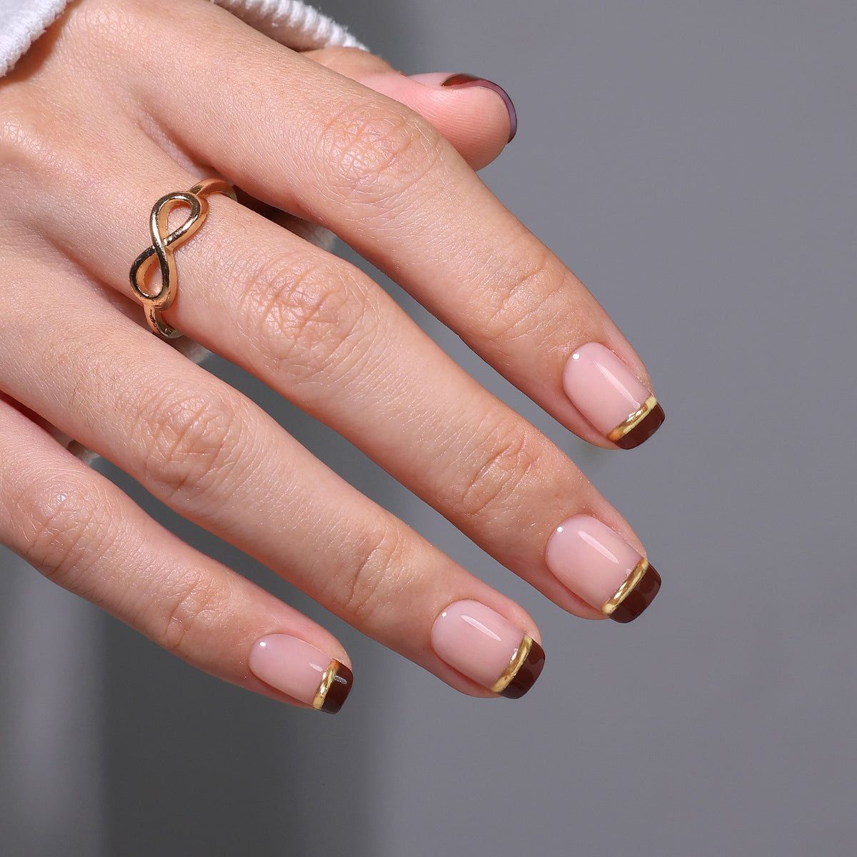 Espresso Gold-Line French Tips — Short Square resting hand view | SHANGMENG®