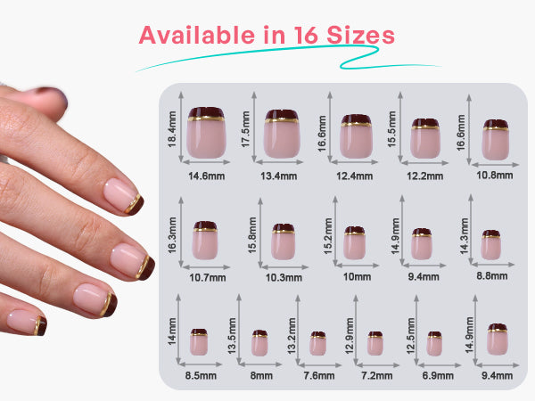 Espresso Gold-Line French Tips — Short Square product size chart showing 16 sizes | SHANGMENG®