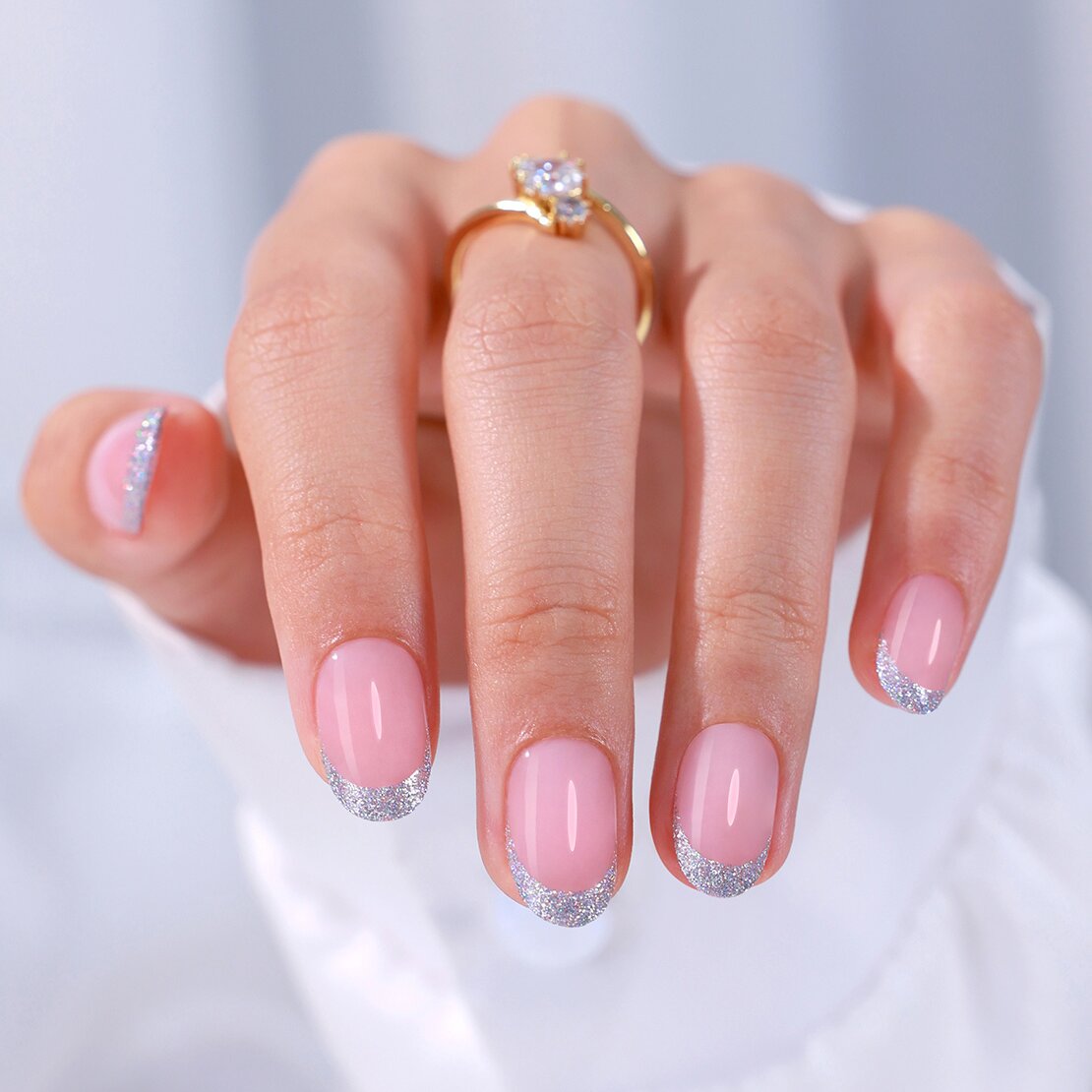 Glitter Silver French Short Oval Nails