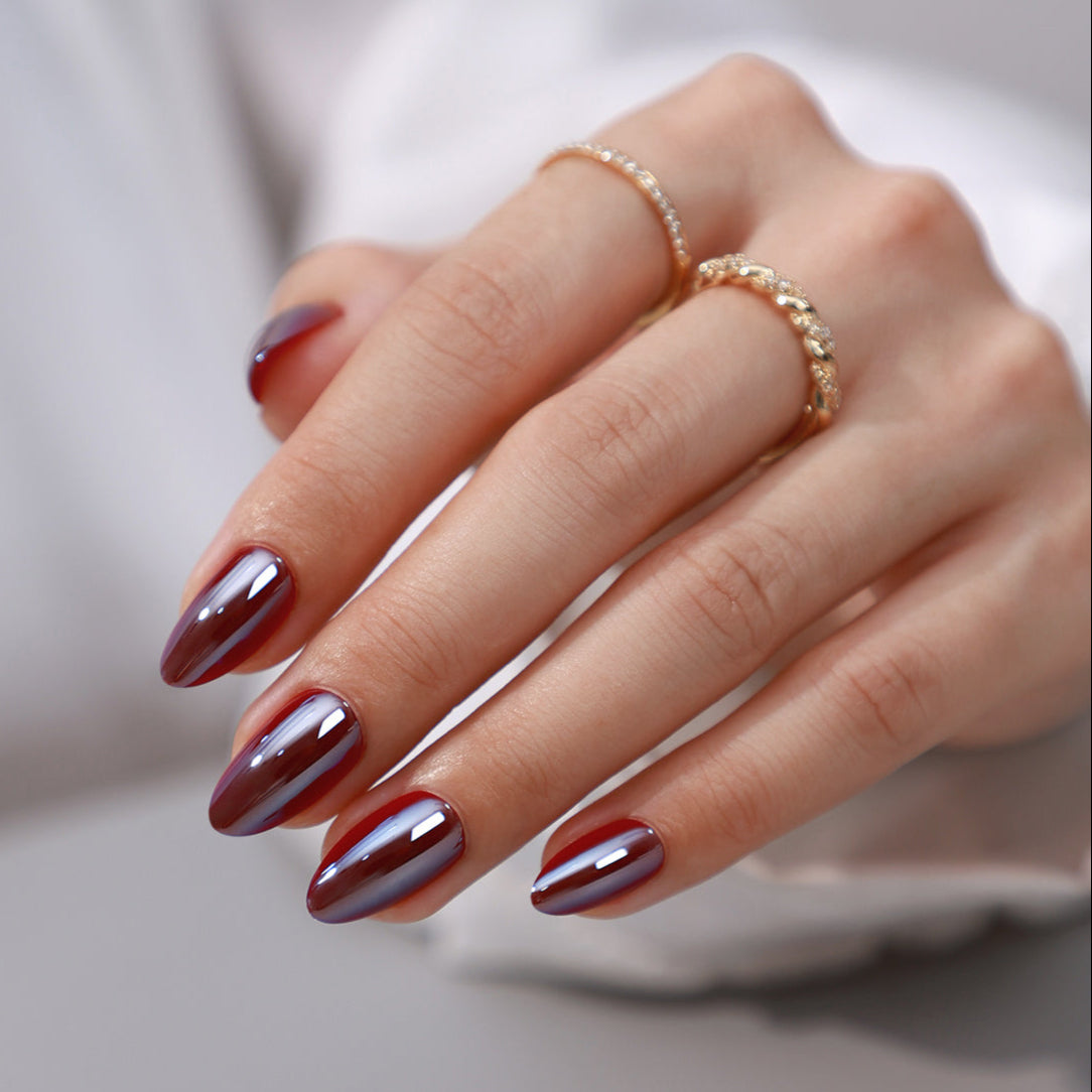 Glazed Chrome Red Almond Press-on Nails