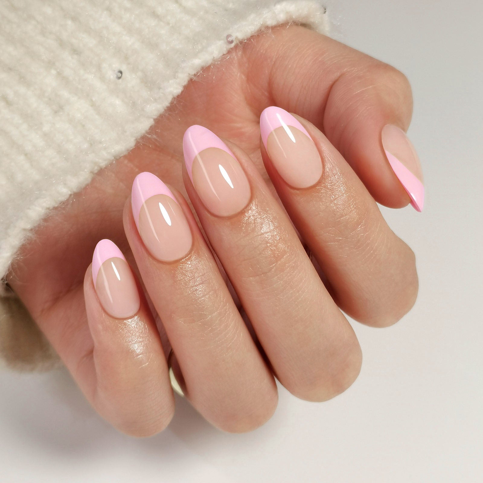 French Baby Pink Almond Reusable Soft Gel Press-On Nails angled hand view | SHANGMENG®
