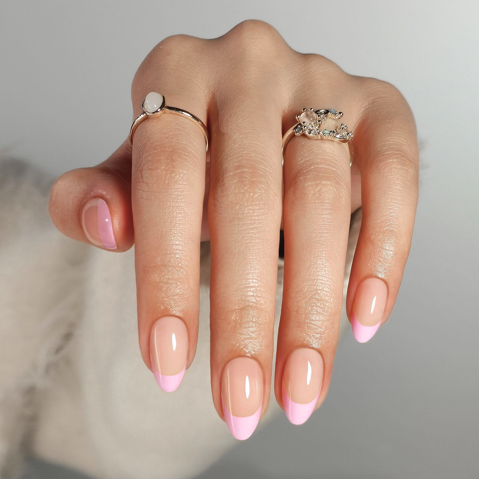 French Baby Pink Almond Reusable Soft Gel Press-On Nails hand model close-up | SHANGMENG®