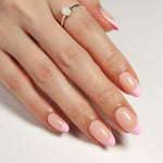 French Baby Pink Almond Reusable Soft Gel Press-On Nails hand model detail | SHANGMENG®