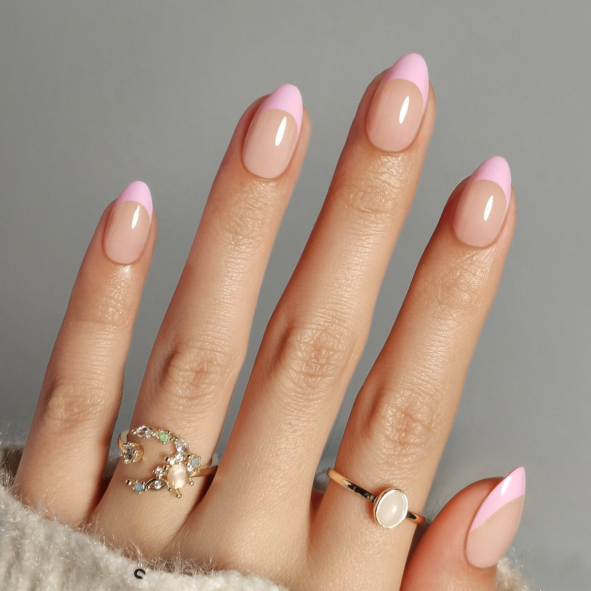 French Baby Pink Almond Reusable Soft Gel Press-On Nails main hand model view | SHANGMENG®