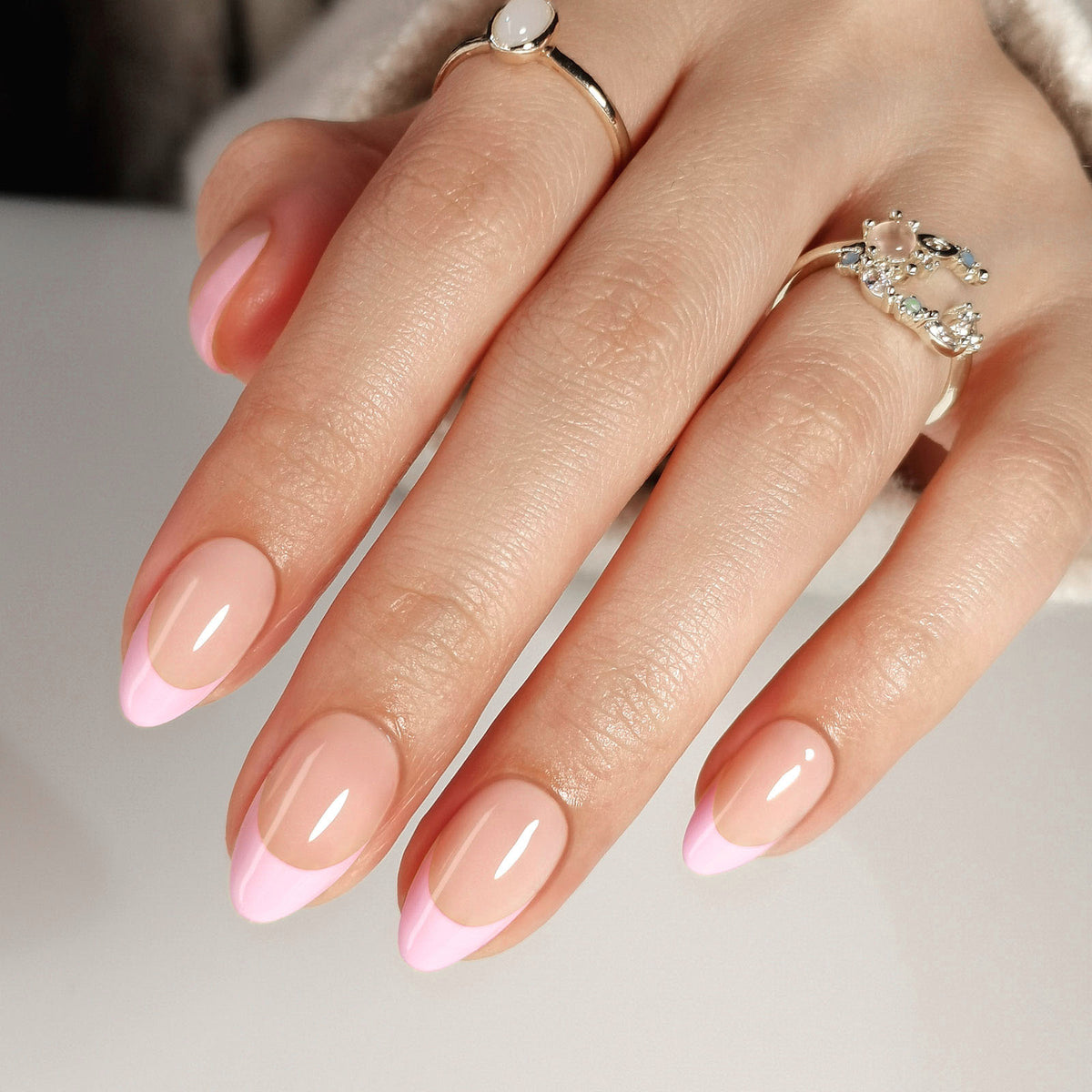 French Baby Pink Almond Reusable Soft Gel Press-On Nails product detail view | SHANGMENG®