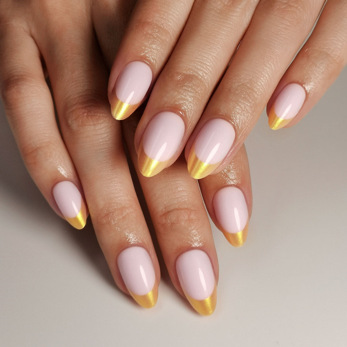 French Lilac Pink Almond Reusable Soft Gel Press-On Nails finish close-up on hand | SHANGMENG®