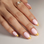 French Lilac Pink Almond Reusable Soft Gel Press-On Nails angled hand view | SHANGMENG®